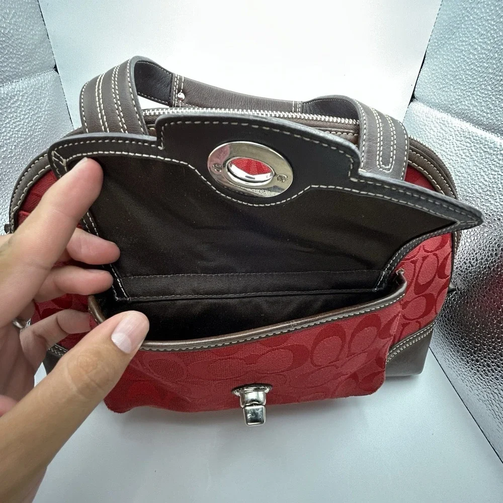 Coach Miranda Signature Red Canvas Brown Leather Satchel Bag Y2K
